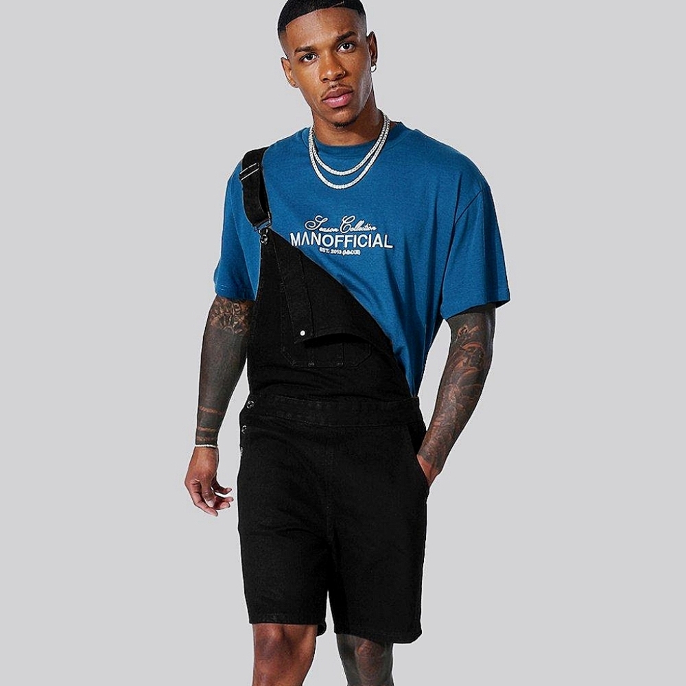 BoohooMAN Slim Fit Short Overall Dungarees (True Black)